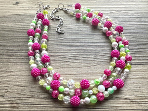 Lime Green & Raspberry Hot Pink Chunky Statement Necklace, Big beaded jewelry, 3 Strand white Statement Bib bridesmaid wedding