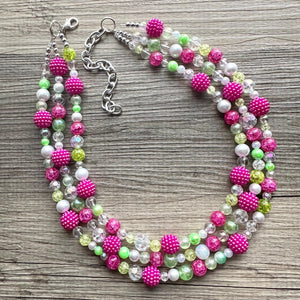 Lime Green & Raspberry Hot Pink Chunky Statement Necklace, Big beaded jewelry, 3 Strand white Statement Bib bridesmaid wedding