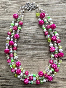 Lime Green & Raspberry Hot Pink Chunky Statement Necklace, Big beaded jewelry, 3 Strand white Statement Bib bridesmaid wedding