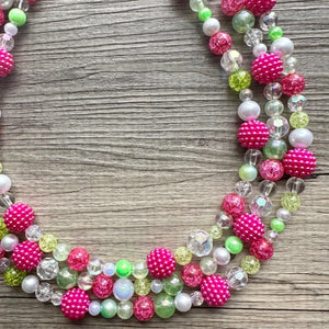 Lime Green & Raspberry Hot Pink Chunky Statement Necklace, Big beaded jewelry, 3 Strand white Statement Bib bridesmaid wedding