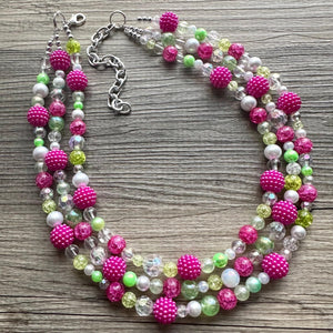 Lime Green & Raspberry Hot Pink Chunky Statement Necklace, Big beaded jewelry, 3 Strand white Statement Bib bridesmaid wedding