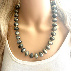 Lightning Crashes! Black Gray & Gold Necklace, single strand bubble layering jewelry, big beaded resin chunky statement necklace