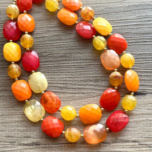 Load image into Gallery viewer, Cozy Fall Cardigan Statement Necklace, Red Yellow Orange, 2 Strand Statement Necklace, fall colors, chunky autumn necklace, beaded mustard