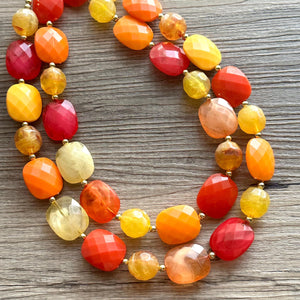 Cozy Fall Cardigan Statement Necklace, Red Yellow Orange, 2 Strand Statement Necklace, fall colors, chunky autumn necklace, beaded mustard