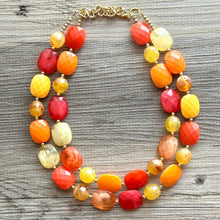 Load image into Gallery viewer, Cozy Fall Cardigan Statement Necklace, Red Yellow Orange, 2 Strand Statement Necklace, fall colors, chunky autumn necklace, beaded mustard