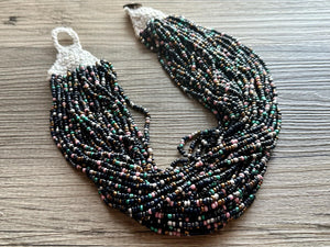 Beaded Rainbow Statement Necklace, 38 Strand Everyday bib Colorful Seed Bead, Silver Chain Bridesmaid Wedding jewelry navy green black pink