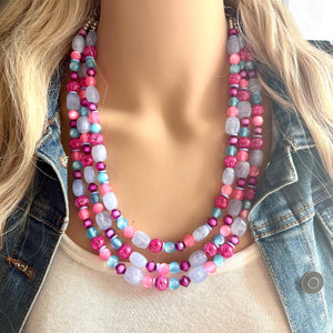 Cotton Candy Pink Chunky Statement Necklace, turquoise beaded necklace, colorful jewelry multi strand necklace, bib periwinkle blue