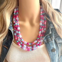 Load image into Gallery viewer, Cotton Candy Pink Chunky Statement Necklace, turquoise beaded necklace, colorful jewelry multi strand necklace, bib periwinkle blue