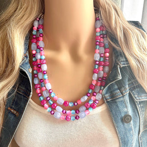 Cotton Candy Pink Chunky Statement Necklace, turquoise beaded necklace, colorful jewelry multi strand necklace, bib periwinkle blue