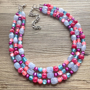 Cotton Candy Pink Chunky Statement Necklace, turquoise beaded necklace, colorful jewelry multi strand necklace, bib periwinkle blue