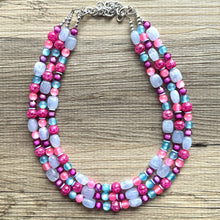 Load image into Gallery viewer, Cotton Candy Pink Chunky Statement Necklace, turquoise beaded necklace, colorful jewelry multi strand necklace, bib periwinkle blue