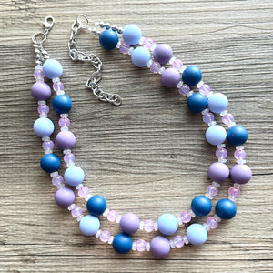 Jewel Water Ombré pink & Navy Cluster Necklace, purple turquoise Bridesmaid Jewelry, 2 double strand periwinkle dressy beaded statement bib