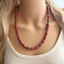 Load image into Gallery viewer, Watermelon Gemstone Necklace, Red Pink &amp; Green Chunky Statement Necklace, single strand beaded coral jewelry, multi color bib gem