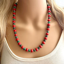 Load image into Gallery viewer, Watermelon Gemstone Necklace, Red Pink &amp; Green Chunky Statement Necklace, single strand beaded coral jewelry, multi color bib gem