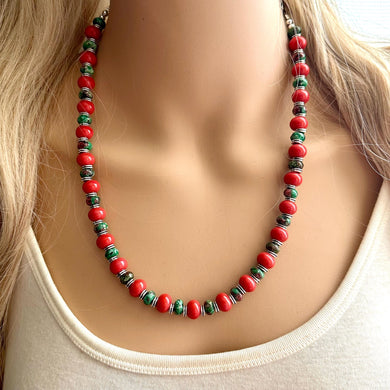 Watermelon Gemstone Necklace, Red Pink & Green Chunky Statement Necklace, single strand beaded coral jewelry, multi color bib gem