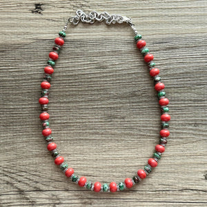 Watermelon Gemstone Necklace, Red Pink & Green Chunky Statement Necklace, single strand beaded coral jewelry, multi color bib gem