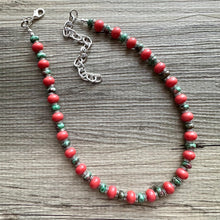 Load image into Gallery viewer, Watermelon Gemstone Necklace, Red Pink &amp; Green Chunky Statement Necklace, single strand beaded coral jewelry, multi color bib gem