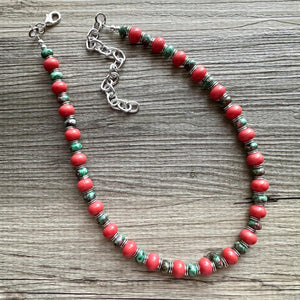 Watermelon Gemstone Necklace, Red Pink & Green Chunky Statement Necklace, single strand beaded coral jewelry, multi color bib gem