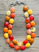 Load image into Gallery viewer, Knit Fall Cardigan Statement Necklace, Red Yellow Orange, 2 Strand Statement Necklace, fall colors, chunky autumn necklace, beaded mustard