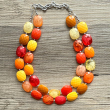 Load image into Gallery viewer, Knit Fall Cardigan Statement Necklace, Red Yellow Orange, 2 Strand Statement Necklace, fall colors, chunky autumn necklace, beaded mustard