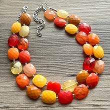 Load image into Gallery viewer, Knit Fall Cardigan Statement Necklace, Red Yellow Orange, 2 Strand Statement Necklace, fall colors, chunky autumn necklace, beaded mustard