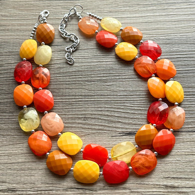 Knit Fall Cardigan Statement Necklace, Red Yellow Orange, 2 Strand Statement Necklace, fall colors, chunky autumn necklace, beaded mustard