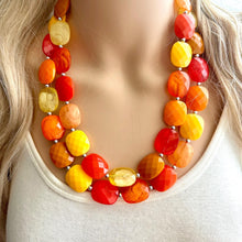 Load image into Gallery viewer, Knit Fall Cardigan Statement Necklace, Red Yellow Orange, 2 Strand Statement Necklace, fall colors, chunky autumn necklace, beaded mustard