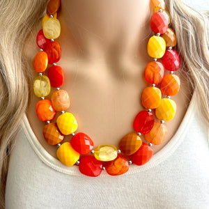 Knit Fall Cardigan Statement Necklace, Red Yellow Orange, 2 Strand Statement Necklace, fall colors, chunky autumn necklace, beaded mustard