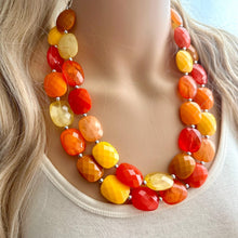 Load image into Gallery viewer, Knit Fall Cardigan Statement Necklace, Red Yellow Orange, 2 Strand Statement Necklace, fall colors, chunky autumn necklace, beaded mustard