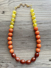 Load image into Gallery viewer, Crisp Harvest Statement Long Necklace, fall colors Mustard Gold Necklace, 1 Strand Statement necklace, vintage wood chunky orange red