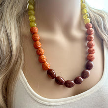 Load image into Gallery viewer, Crisp Harvest Statement Long Necklace, fall colors Mustard Gold Necklace, 1 Strand Statement necklace, vintage wood chunky orange red