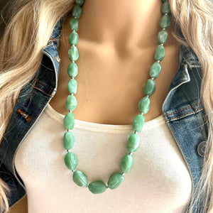 Long Sea Green chunky statement necklace, blue green jewelry, beaded Seafoam long necklace, beaded chunky chain layering necklace silver