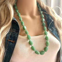 Load image into Gallery viewer, Long Sea Green chunky statement necklace, blue green jewelry, beaded Seafoam long necklace, beaded chunky chain layering necklace silver