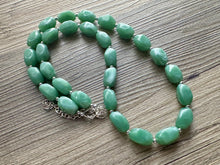 Load image into Gallery viewer, Long Sea Green chunky statement necklace, blue green jewelry, beaded Seafoam long necklace, beaded chunky chain layering necklace silver