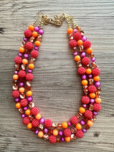 Load image into Gallery viewer, Raspberry Summer OOAK chunky beaded statement necklace, orange pink fuchsia rosegold necklace jewelry, gold beaded vacation necklace