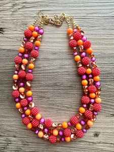 Raspberry Summer OOAK chunky beaded statement necklace, orange pink fuchsia rosegold necklace jewelry, gold beaded vacation necklace