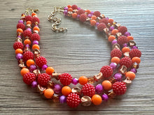 Load image into Gallery viewer, Raspberry Summer OOAK chunky beaded statement necklace, orange pink fuchsia rosegold necklace jewelry, gold beaded vacation necklace