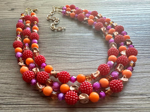 Raspberry Summer OOAK chunky beaded statement necklace, orange pink fuchsia rosegold necklace jewelry, gold beaded vacation necklace