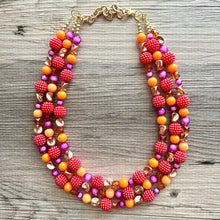 Load image into Gallery viewer, Raspberry Summer OOAK chunky beaded statement necklace, orange pink fuchsia rosegold necklace jewelry, gold beaded vacation necklace