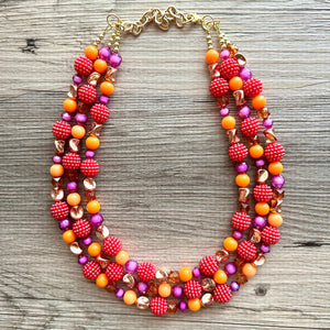 Raspberry Summer OOAK chunky beaded statement necklace, orange pink fuchsia rosegold necklace jewelry, gold beaded vacation necklace