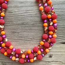 Load image into Gallery viewer, Raspberry Summer OOAK chunky beaded statement necklace, orange pink fuchsia rosegold necklace jewelry, gold beaded vacation necklace