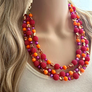 Raspberry Summer OOAK chunky beaded statement necklace, orange pink fuchsia rosegold necklace jewelry, gold beaded vacation necklace