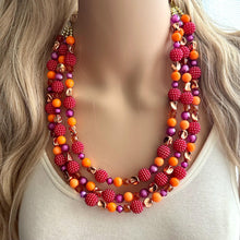 Load image into Gallery viewer, Raspberry Summer OOAK chunky beaded statement necklace, orange pink fuchsia rosegold necklace jewelry, gold beaded vacation necklace