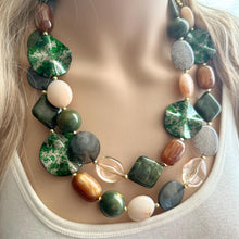 Load image into Gallery viewer, Out West Weekend chunky Statement Necklace, Big beaded jewelry, Double Strand Statement Necklace, Bib green turquoise gold champagne brown