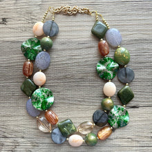 Load image into Gallery viewer, Out West Weekend chunky Statement Necklace, Big beaded jewelry, Double Strand Statement Necklace, Bib green turquoise gold champagne brown