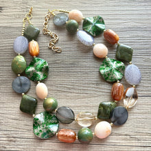 Load image into Gallery viewer, Out West Weekend chunky Statement Necklace, Big beaded jewelry, Double Strand Statement Necklace, Bib green turquoise gold champagne brown