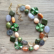 Load image into Gallery viewer, Out West Weekend chunky Statement Necklace, Big beaded jewelry, Double Strand Statement Necklace, Bib green turquoise gold champagne brown