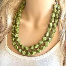 Load image into Gallery viewer, Olive Green Chunky Statement Necklace, Big beaded jewelry, Double Strand Statement Necklace, Bib necklace, green bridesmaid fall wedding