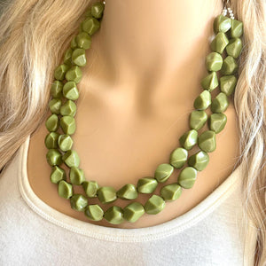 Olive Green Chunky Statement Necklace, Big beaded jewelry, Double Strand Statement Necklace, Bib necklace, green bridesmaid fall wedding