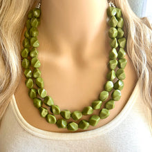 Load image into Gallery viewer, Olive Green Chunky Statement Necklace, Big beaded jewelry, Double Strand Statement Necklace, Bib necklace, green bridesmaid fall wedding